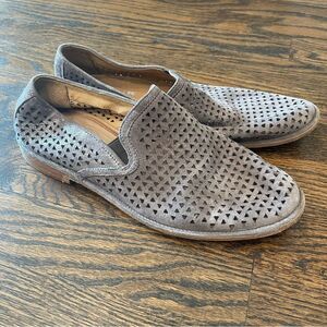 TRASK Ali Perforated Metallic Pewter Gray Leather Slip On Loafers